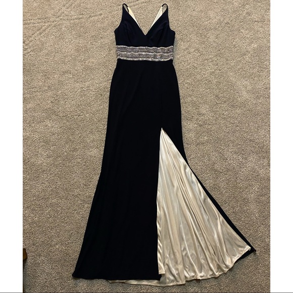 Xscape Beaded Plunge Gown - Navy & Silver - Picture 3 of 12